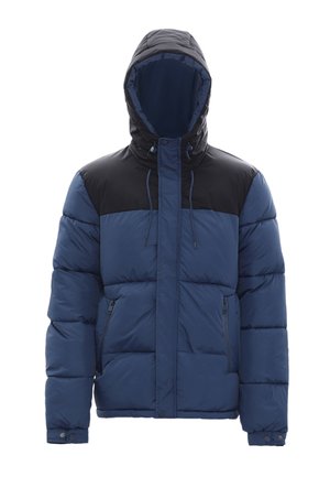 Herren-Steppjacke mit angenähter Kapuze, dunkelblauem Oberteil, schwarzem Schultereinsatz, durchgehendem Reißverschluss und seitlichen Reißverschlusstaschen.