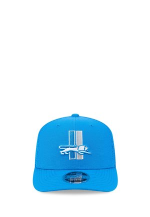 Bright blue baseball cap with a white and gray vertical stripe design and a white leaping puma logo on the front center.