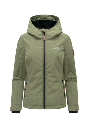 Lichtgroene softshelljas met capuchon, zwarte ritssluiting, logo op de borst, met rits afsluitbare zijzakken en verstelbare manchetten.