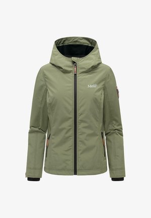 Hellgrüne Softshell-Jacke mit Kapuze, schwarzem Reißverschluss, Logo auf der Brust, seitlichen Reißverschlusstaschen und verstellbaren Bündchen.