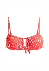 Rode bikinitop gemaakt van soepel materiaal, met witte bloemenpatronen. Verstelbare bandjes en strikjes aan de voor- en zijkanten voor aanpassing van de pasvorm.