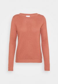 Suéter de punto texturizado de manga larga en rosa empolvado, con escote redondo y puños y dobladillo acanalados.