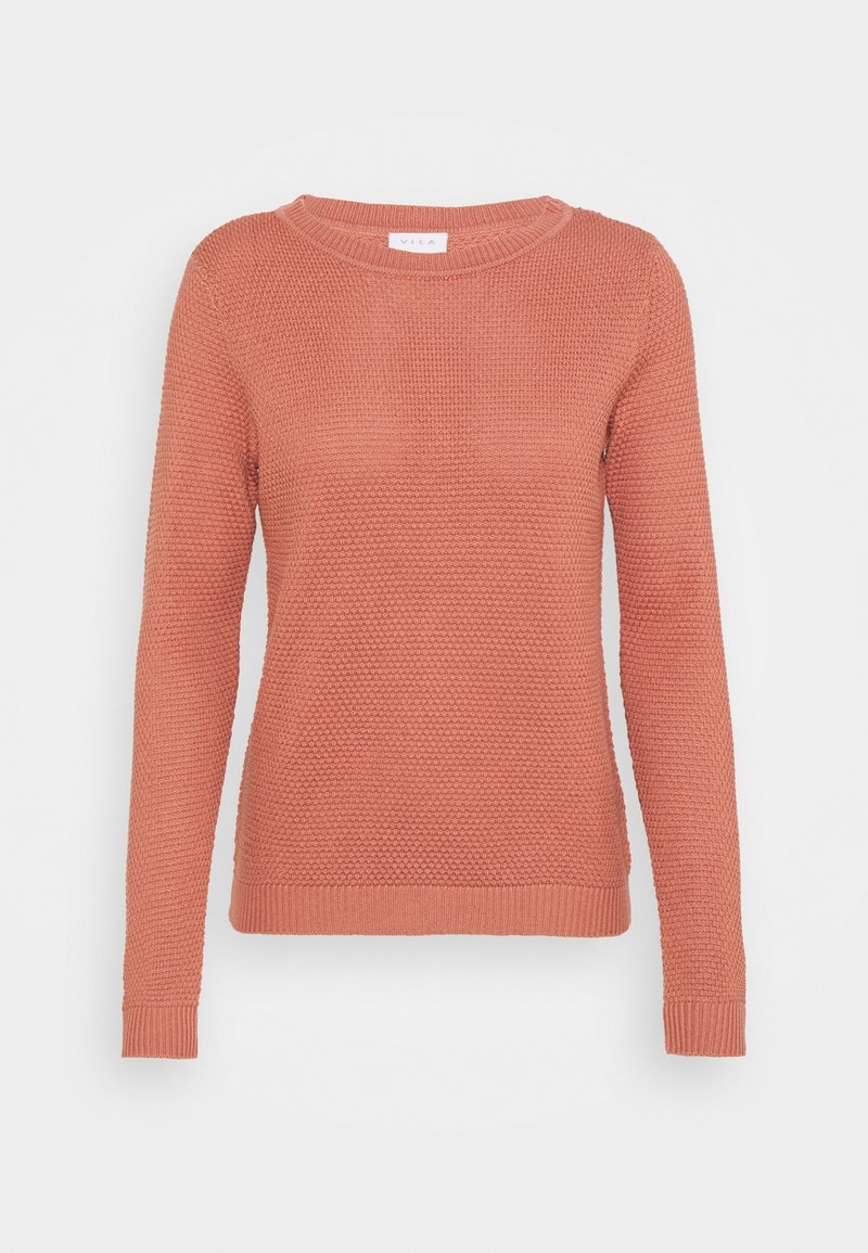 Suéter de punto texturizado de manga larga en rosa empolvado, con escote redondo y puños y dobladillo acanalados.