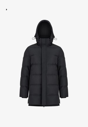 Kurtka puchowa, czarna, do kolan, z kapturem, wysokim kołnierzem, z przodem na zamek błyskawiczny oraz pikowanym wzorem z widocznymi sekcjami wypełnienia.