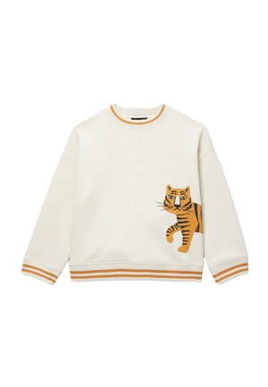 Sweat-shirt couleur crème avec poignets et ourlet à rayures orange, arborant un motif stylisé de tigre orange sur le bas à droite.