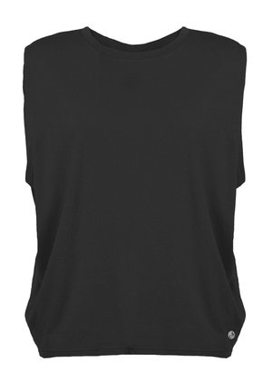 Top senza maniche nero con una vestibilità morbida, scollatura rotonda e texture liscia. Presenta un branding discreto all'orlo inferiore.