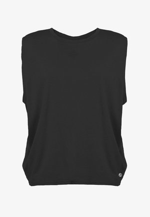 Top senza maniche nero con una vestibilità morbida, scollatura rotonda e texture liscia. Presenta un branding discreto all'orlo inferiore.