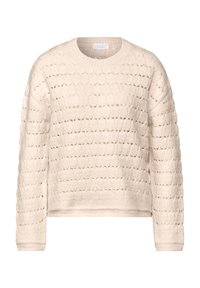 Strickpullover in Creme mit einem strukturierten Muster aus offenen Maschen und festen Abschnitten, mit rundem Ausschnitt und langen Ärmeln.