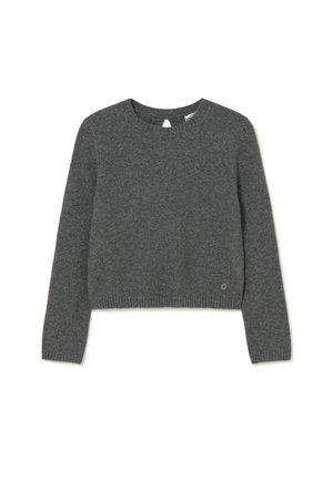 Sweater gris recortado hecho de un material de punto suave. Cuenta con mangas largas, un cuello redondo y un pequeño logotipo cerca del dobladillo.