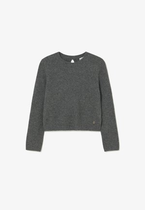 Sweater gris recortado hecho de un material de punto suave. Cuenta con mangas largas, un cuello redondo y un pequeño logotipo cerca del dobladillo.