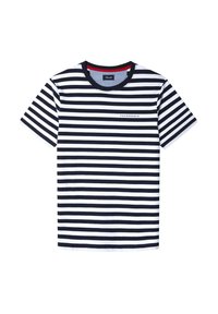 Koszulka w paski z granatowymi i białymi poziomymi paskami, krótkimi rękawami i okrągłym dekoltem, z małym logo z przodu.