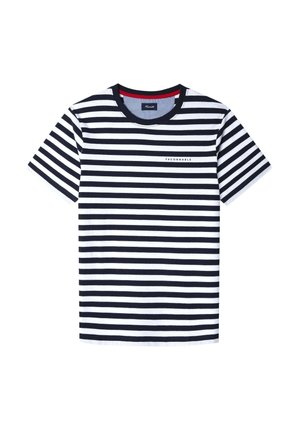 T-shirt a righe con strisce orizzontali blu navy e bianche, maniche corte e scollo rotondo, con un piccolo logo sulla parte anteriore.
