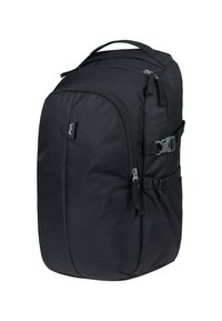 Black backpack with a textured fabric, featuring multiple zippered compartments, adjustable straps, and a side mesh pocket for water bottles.