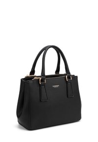 Borsa a tracolla in pelle nera con finitura texturizzata, dotata di due manici corti, hardware dorato e chiusura con zip superiore. Presenta il logo in rilievo sulla parte frontale.
