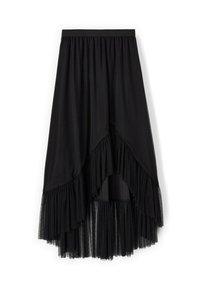 Zwarte rok met een asymmetrische zoom, gelaagde tule ruffles en een zachte tailleband, met een gestructureerde stofafwerking.