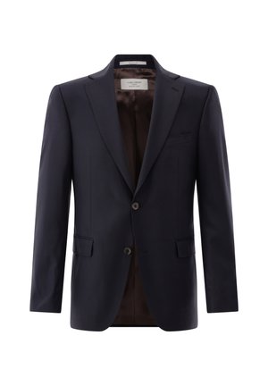 Dunkelblaues, einreihiges Herrenblazer mit Kerbkragen, zwei Knöpfen, Pattentaschen und braunem Satinfutter.