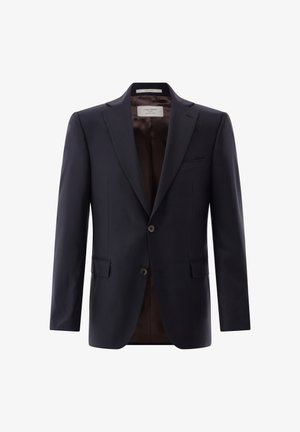 Dunkelblaues, einreihiges Herrenblazer mit Kerbkragen, zwei Knöpfen, Pattentaschen und braunem Satinfutter.