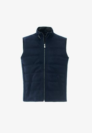 Gilet imbottito blu navy con colletto alto, zip frontale e due tasche laterali. Tessuto liscio; progettato per offrire calore e stratificazione.