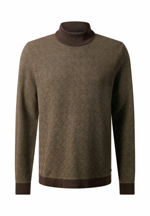 Brauner, gemusterter Rollkragenpullover mit geometrischem Design, geripptem Kragen und Bündchen. Weiche Textur mit kontrastierendem dunkelbraunem Saum.