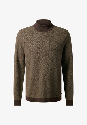 Brauner, gemusterter Rollkragenpullover mit geometrischem Design, geripptem Kragen und Bündchen. Weiche Textur mit kontrastierendem dunkelbraunem Saum.