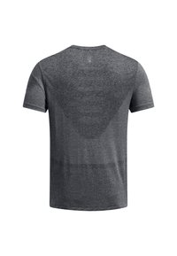 Grey athletic t-shirt with short sleeves, textured fabric, subtle patterns, and a rounded neckline, featuring a seamless back design.