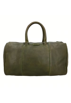 Olive green leather duffel bag with double handles and a top zipper closure.