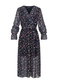 Vestido midi azul marino con estampado floral, mangas largas abullonadas, escote en V y cinturón para atar a la cintura. Hecho de tela ligera y translúcida con diseño floral.