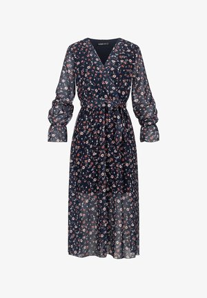 Námořnicky modré midi šaty s květinovým vzorem, dlouhými nafouklými rukávy, výstřihem do V a páskem na zavázání. Vyrobeno z lehké, průsvitné látky s květinovým potiskem.