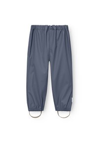 Graue wasserdichte Hose mit elastischem Bund, schmalem Schnitt und verstellbaren Manschetten mit elastischen Schlaufen für sicheren Sitz.
