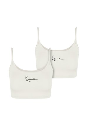 Două topuri albe din bumbac cu bretele subțiri, având un logo negru semnătură pe față. Textură netedă și design simplu.