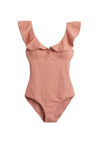 Einteiliger Badeanzug in sanftem Pink, mit strukturiertem Stoff, Rüschenträgern und einem rund ausgeschnittenen Ausschnitt mit Nahtdetails.
