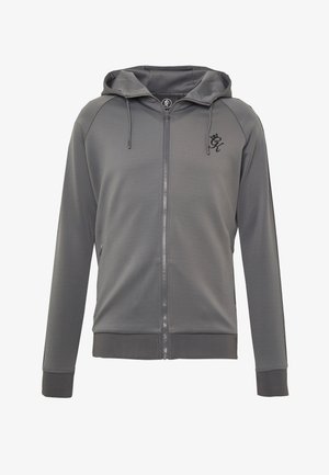 Grauer Kapuzenpullover mit Reißverschluss, Kordelzügen, langen Ärmeln, gerippten Bündchen und einem kleinen schwarzen Logo auf der linken Brust.
