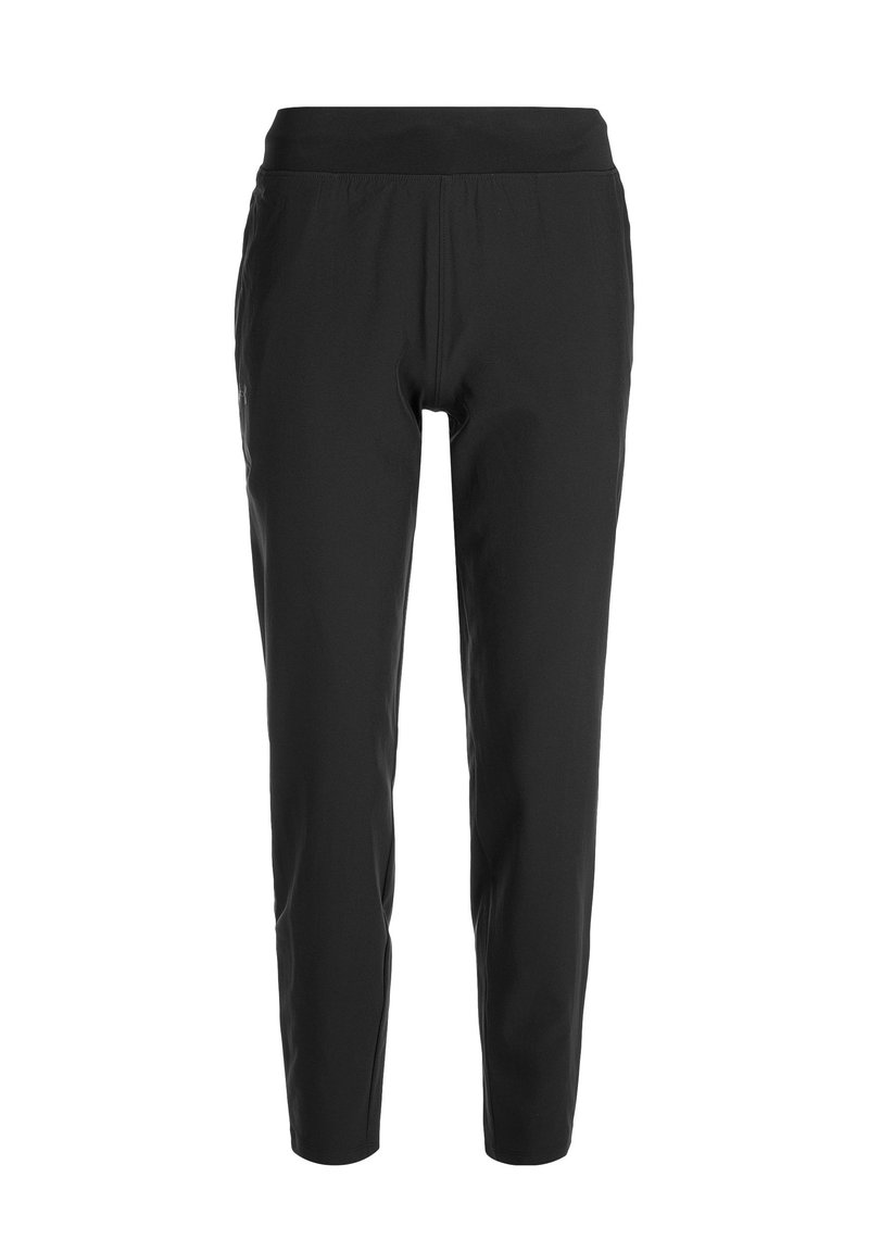 Svarta avsmalnande byxor i stretchigt tyg, med resårmidja och en slät yta, utan synliga fickor eller dekorationer.