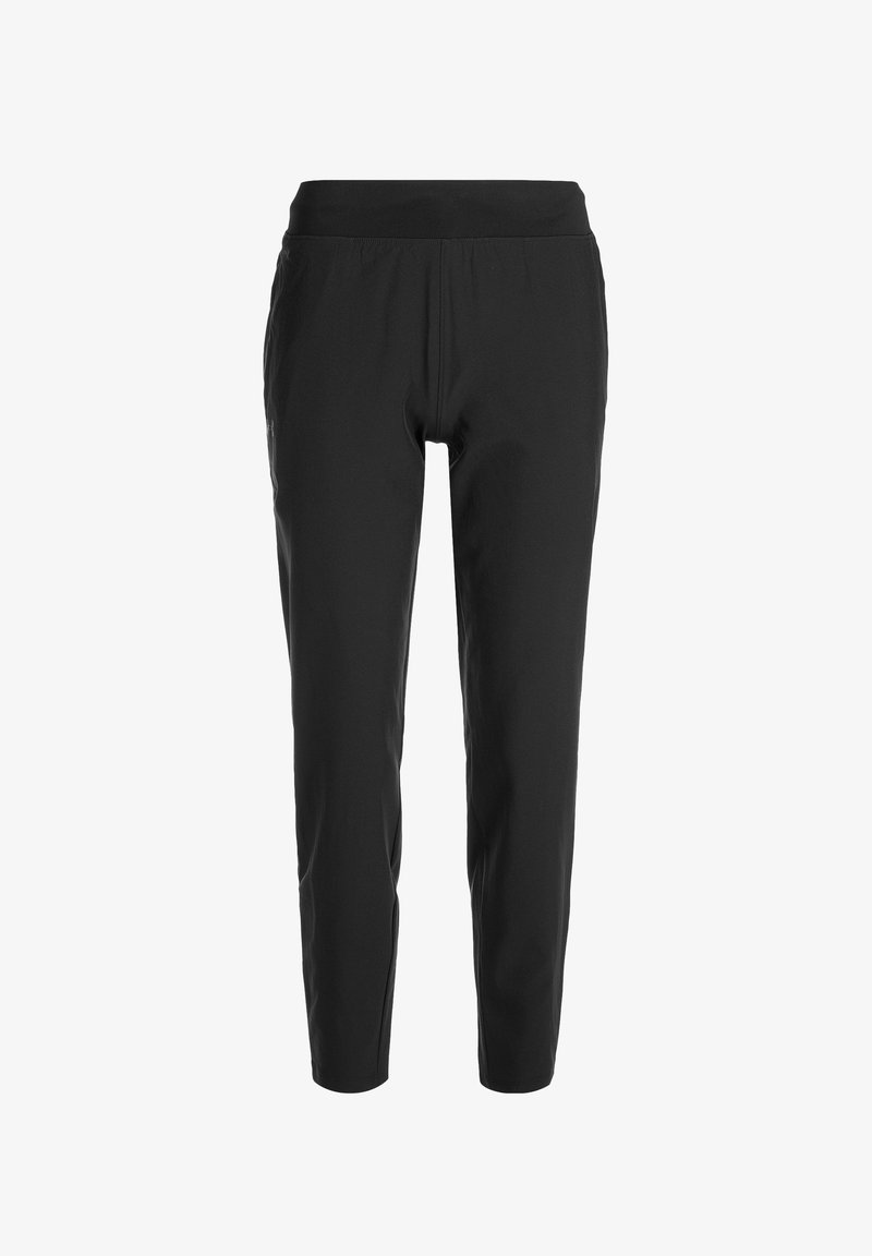 Svarta avsmalnande byxor i stretchigt tyg, med resårmidja och en slät yta, utan synliga fickor eller dekorationer.