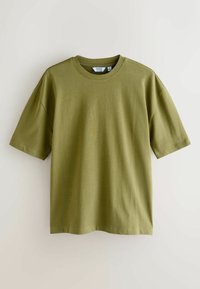 Green short-sleeve t-shirt made of soft cotton. Features a crew neck and relaxed fit with no visible patterns or embellishments.