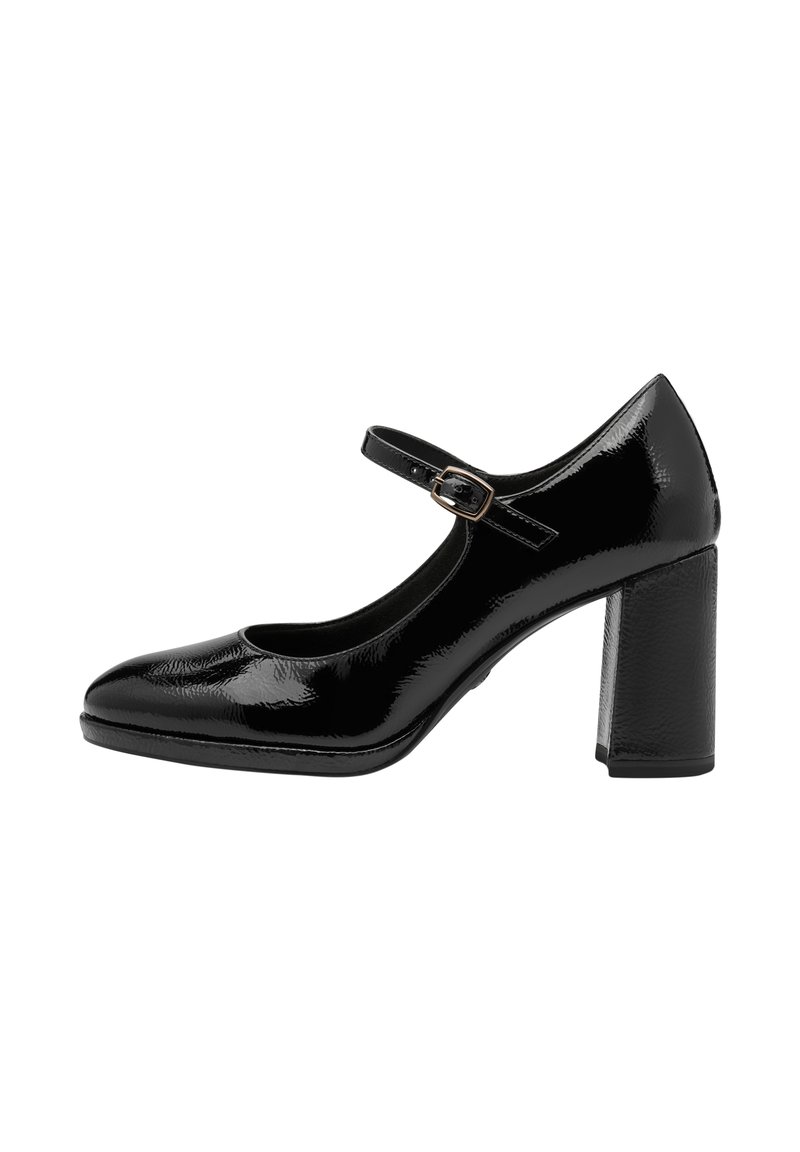 Chaussure Mary Jane en cuir verni noir avec un bout arrondi, une sangle à la cheville et un talon épais. Texture lisse avec une légère brillance.