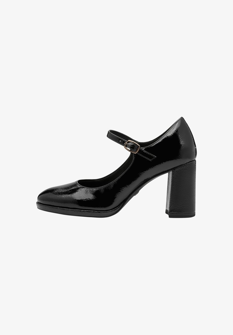 Chaussure Mary Jane en cuir verni noir avec un bout arrondi, une sangle à la cheville et un talon épais. Texture lisse avec une légère brillance.