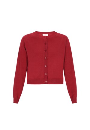 Cardigan rosso a maniche lunghe realizzato in morbido tessuto a maglia, con un collo a giro e sei bottoni coordinati sul davanti, finiture a coste ai polsini e all'orlo.