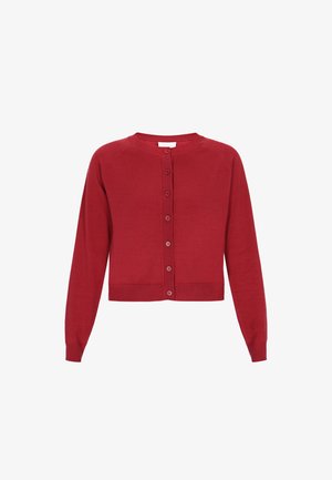 Cardigan rosso a maniche lunghe realizzato in morbido tessuto a maglia, con un collo a giro e sei bottoni coordinati sul davanti, finiture a coste ai polsini e all'orlo.