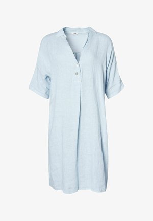 Lichtblauwe linnen tuniekjurk met korte mouwen, een notch kraag en een placket met twee knopen. Heeft een losse pasvorm en een zachte textuur.