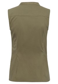 Top sans manches vert olive avec un col plat, une texture lisse, des coutures latérales et un éclat subtil. Conçu pour une silhouette ajustée.
