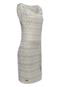 Ärmelloses Kleid aus leichtem Stoff, mit einem gemusterten Design in grau und weiß mit horizontalen Streifen, tailliert mit seitlichen Taschen.
