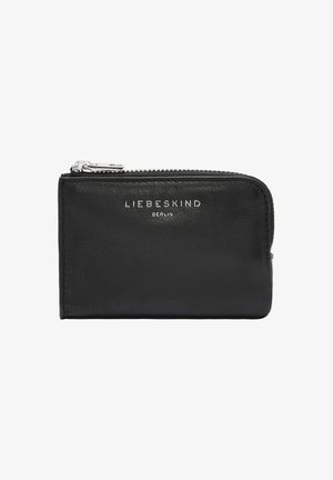 Black leather wallet with a zipper closure, featuring a textured surface and embossed "LIEBESKIND BERLIN" logo on the front.