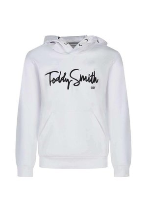 Sweat à capuche blanc avec une poche avant et un logo script noir "Teddy Smith 1981" centré sur la poitrine.