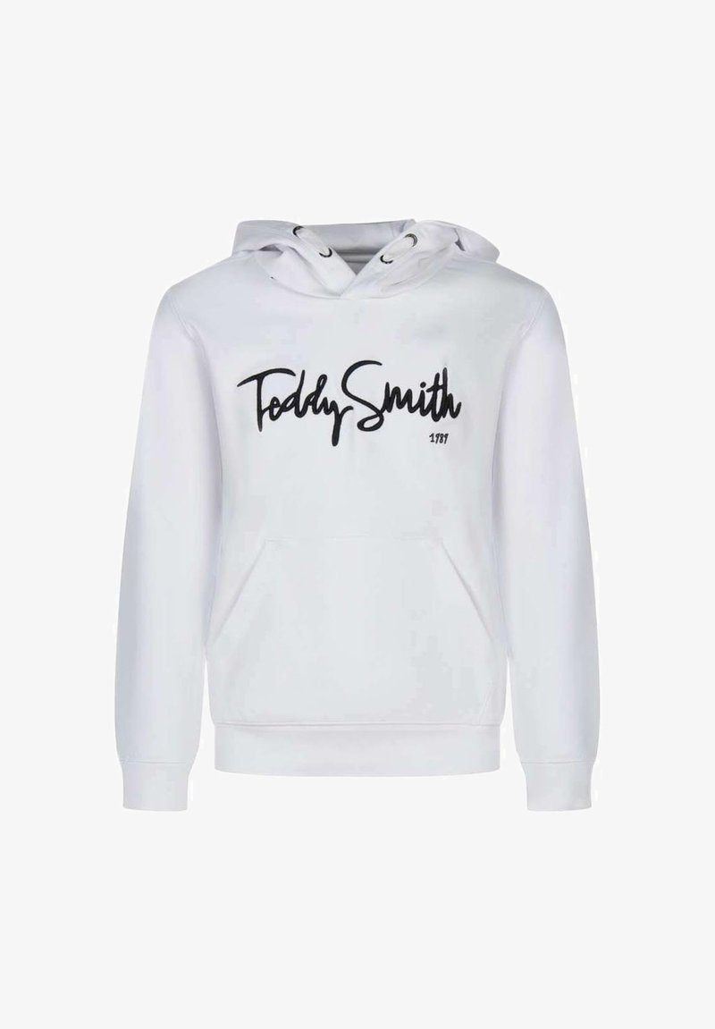Sweat à capuche blanc avec une poche avant et un logo script noir "Teddy Smith 1981" centré sur la poitrine.