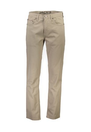 Pantalons en coton beige avec une coupe droite, design à cinq poches, fermeture à bouton en métal et passants de ceinture à la taille. Style minimaliste, sans motifs.