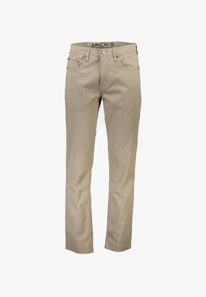 Beige Baumwollhose mit geradem Schnitt, Fünf-Taschen-Design, Metallknopfverschluss und Gürtelschlaufen an der Taille. Minimalistischer Stil, ohne Muster.