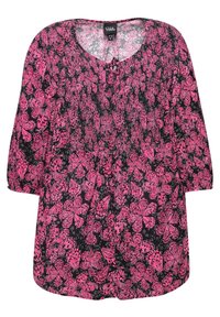 Schwarzes Oberteil mit lebhaftem pinken Blumenmuster, runder Halsausschnitt, gerafftem Smock-Detail und dreiviertellangen Ärmeln. Leichter Stoff.