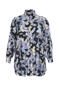 Langärmlige Bluse aus leichtem Stoff; sie zeichnet sich durch ein abstraktes Muster in Blau, Schwarz und Creme aus und hat einen kragenähnlichen Ausschnitt sowie eine Knopfleiste.