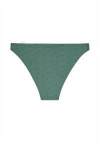 Culotte bikini verde con motivo a zigzag, design a vita bassa e un piccolo dettaglio metallico sul lato.